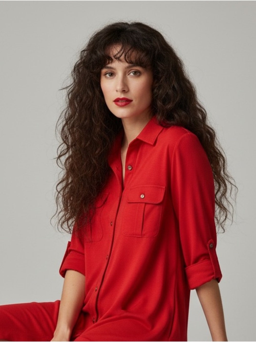 Poof! Red Stretchy Cotton Blend Roll Tab Sleeve Shirt Dress Size M